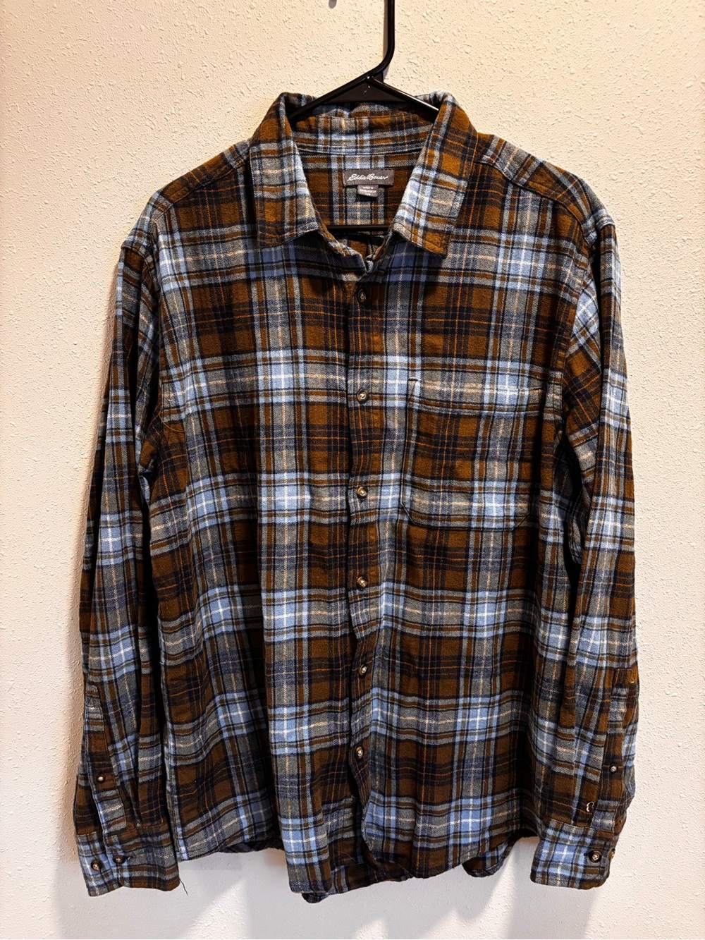 Eddie Bauer Brown and Light Blue Plaid Button-Down Flannel Shirt